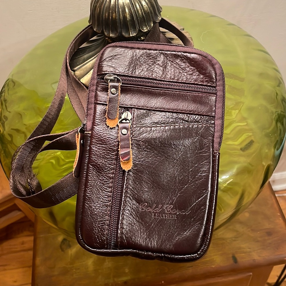 Mini Leather Purse Shoulder Bag Crossbody Bag Vintage Gold Brown Genuine Leather